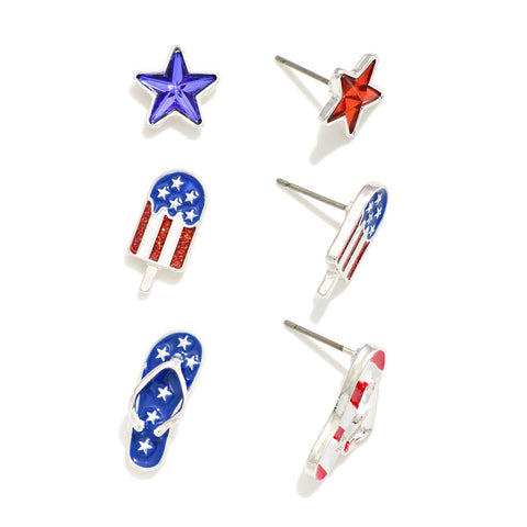 Set of Three Americana Themed Stud Earrings Featuring Glitter American Flag Popsicle and Rhinestone Stars