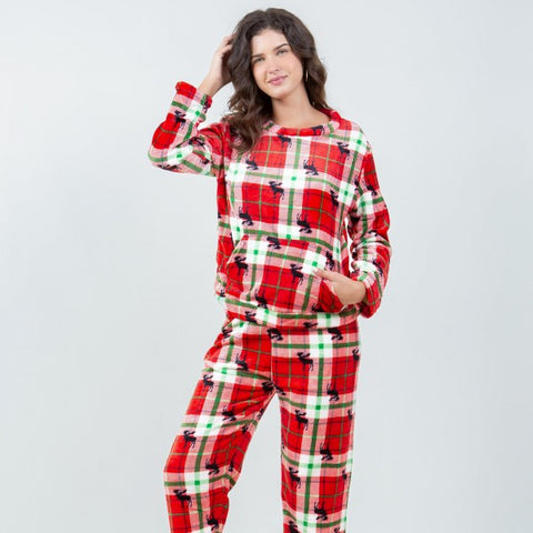 Fleece Plaid Moose Pajama Set