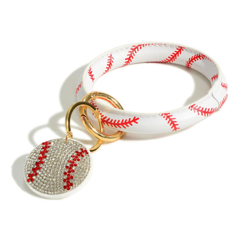 Faux Leather Baseball Key Ring Wristlet Featuring Plush Rhinestone Baseball Charm